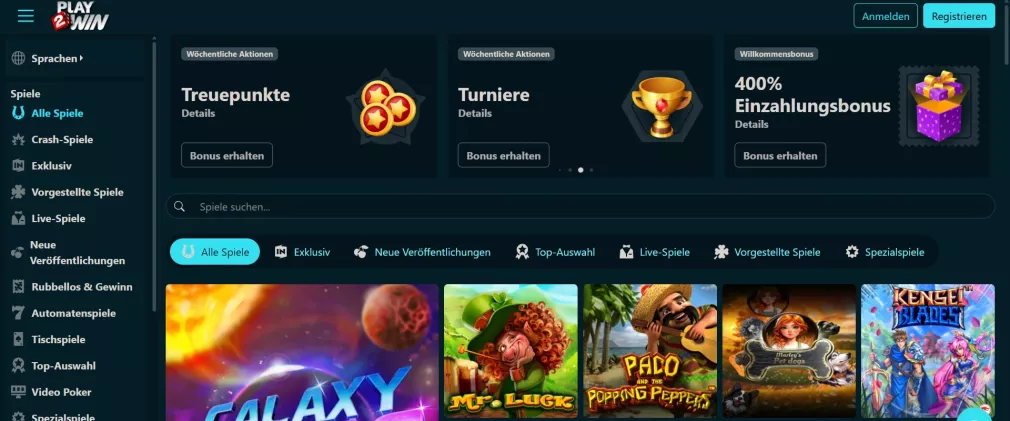 Play2win Casino – 400% Einzahlungsbonus + 100% Cashback-Versicherung für neue Spieler 2026